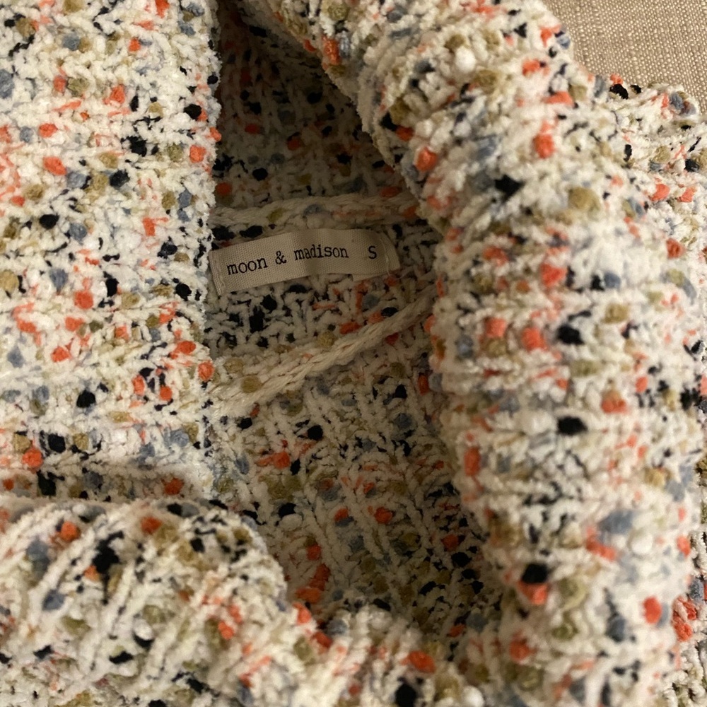 moon & madison Cream Sweater with Coral, Navy & Olive Speckles